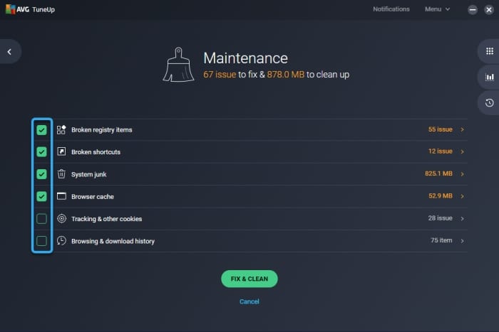 AVG tuneup maintenance interface